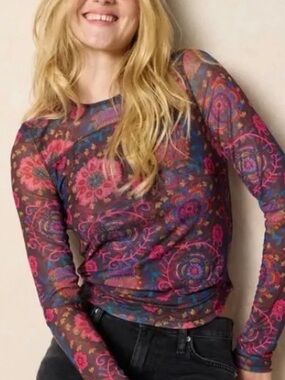 Natural Life Sloane Mesh Long Sleeve Top - Enchanted Blooms - S NWT